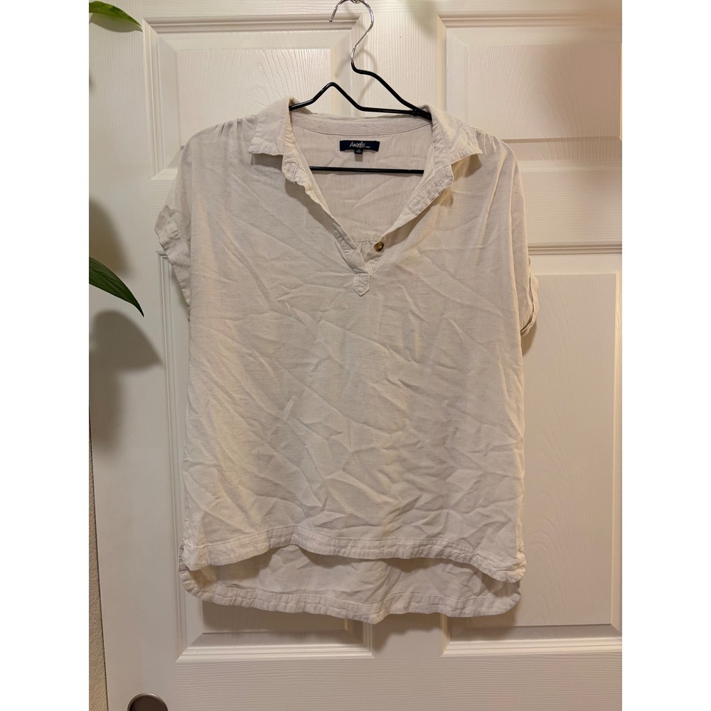 Angels Forever Young Womens Medium Beige Linen Blend Henley Short Sleeve Blouse